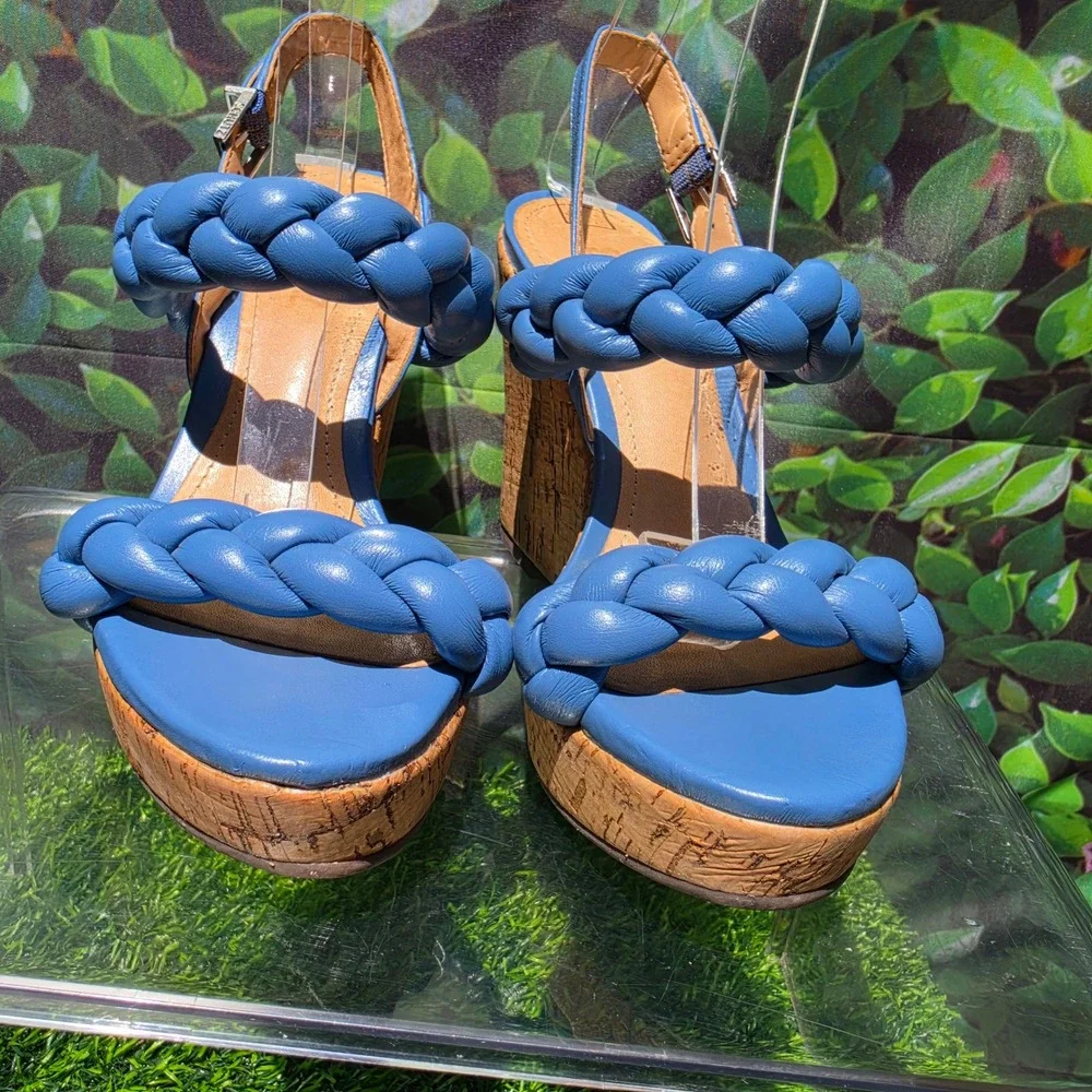 Schutz Blue Braided Leather Cork Wedge Platform Sandals Womens 6B Made in Brazil